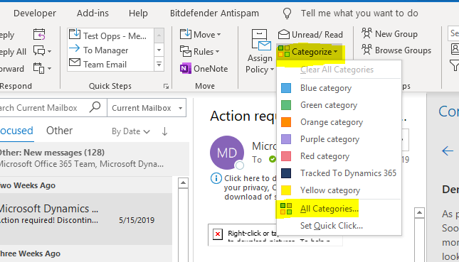 setting categories and labels in outlook