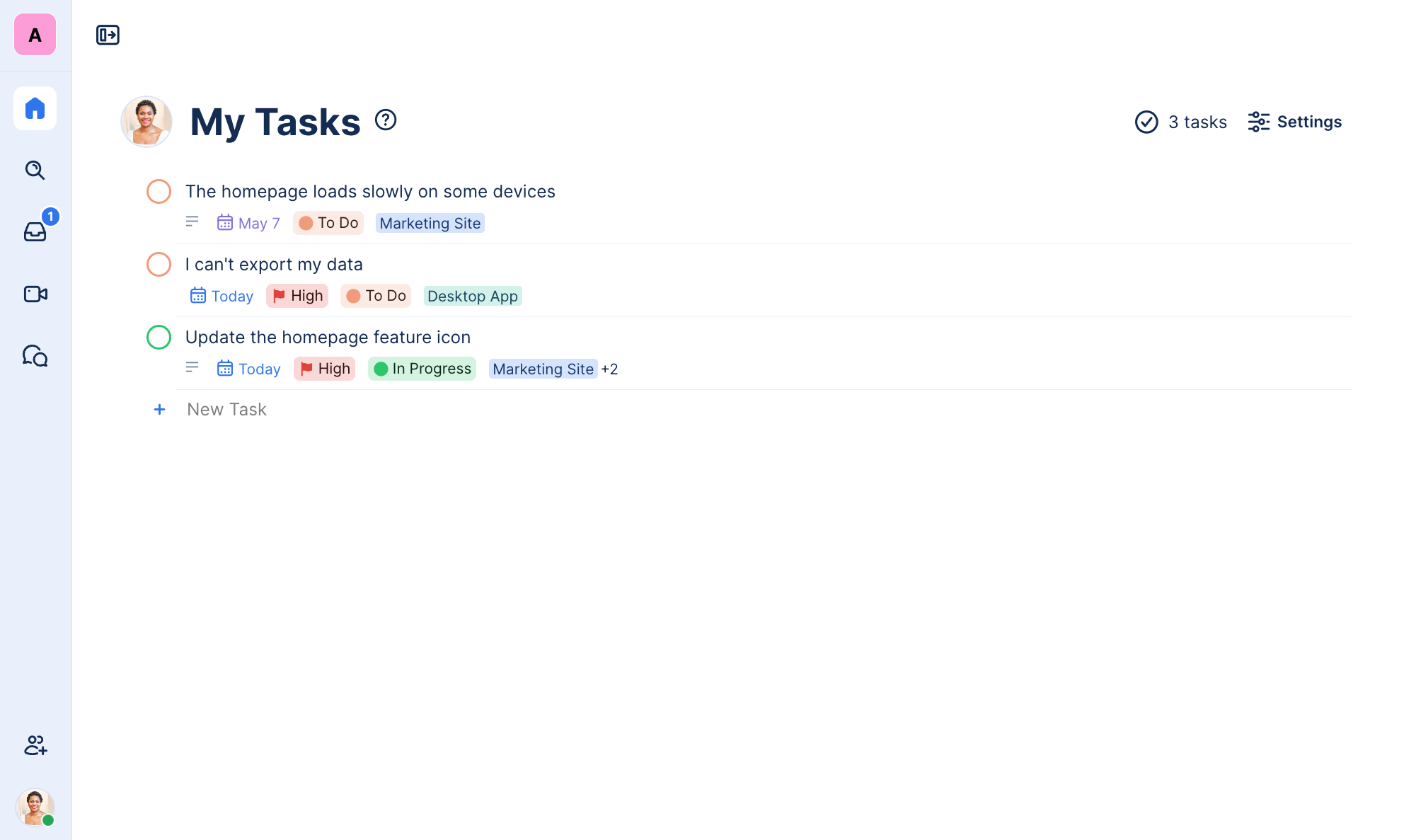 My Tasks view in TaskOrbiter, showing tasks assigned to you