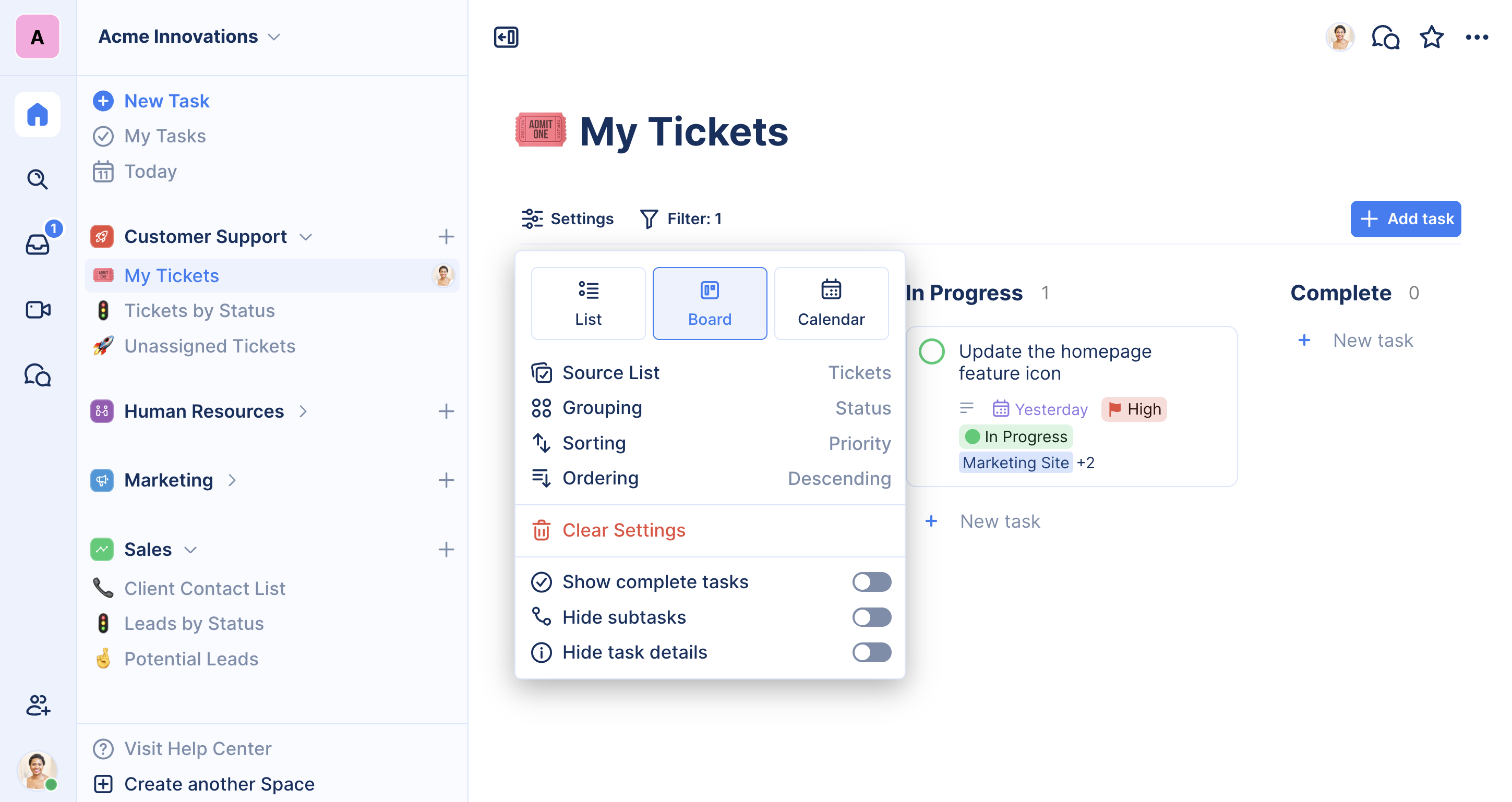 Screenshot showing View Settings in TaskOrbiter